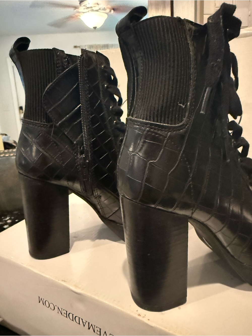 Steve Madden Black Croc-Embossed Lace-Up Platform Boots - Picture 2 of 4